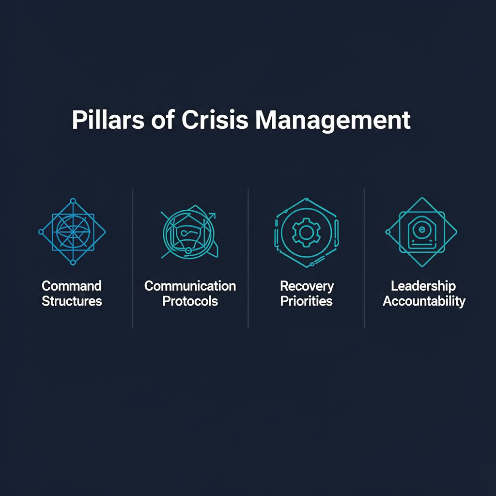 The four pillars of crisis management: Command Structures, Communication Protocols, Recovery Priorities, and Leadership Accountability
