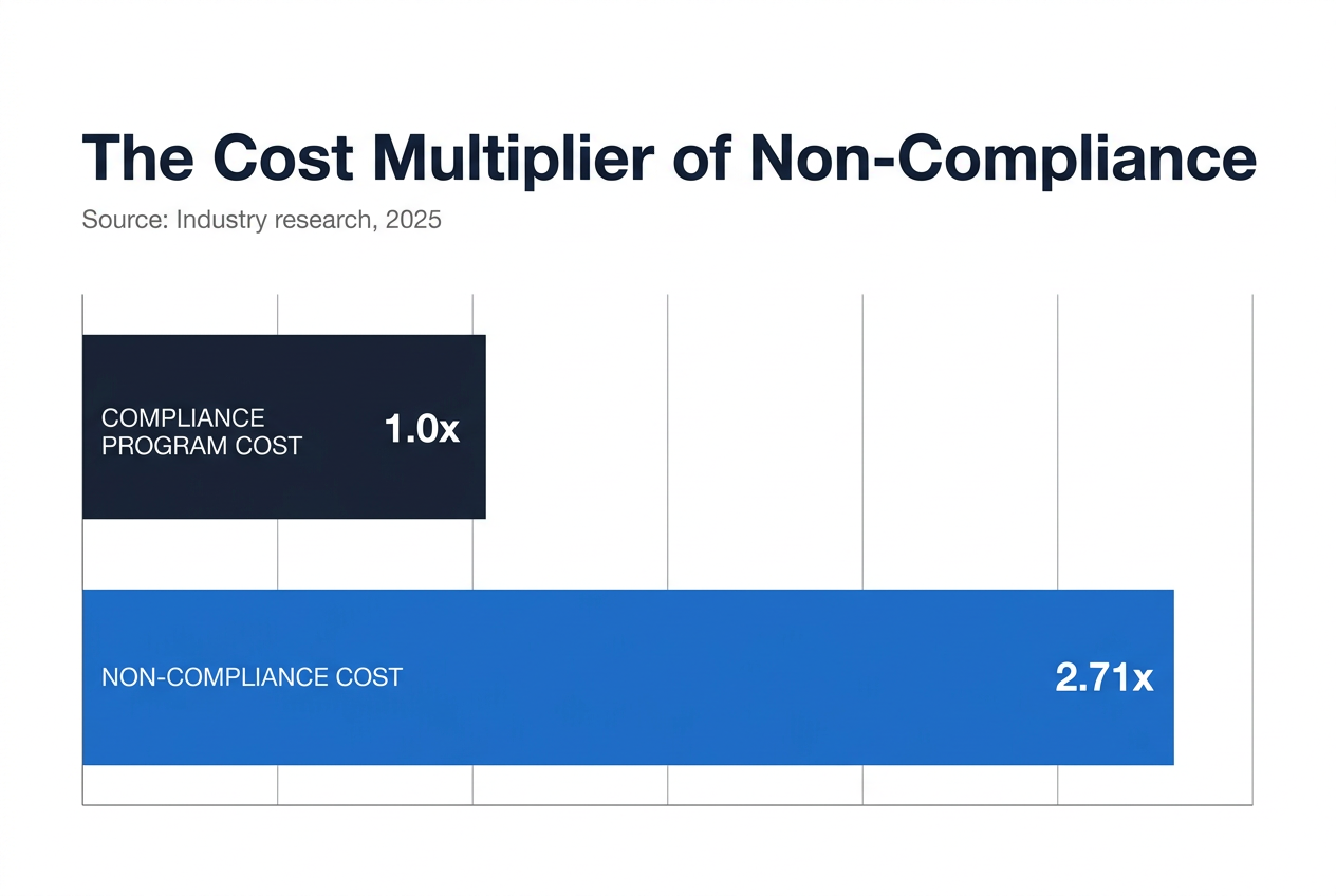 Bar chart comparing the cost of a compliance program (1.0x) to the cost of non-compliance (2.71x)